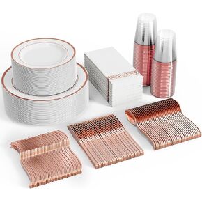 FOCUSLINE 350 Gold Dinnerware Set for 50 Guests, White and Gold Rim Plastic Plates Disposable Heavy Duty, Including 50 Dinner Plates, 50 Dessert Plates, 50 Cups, 50 Napkins, 50 Silverware Set