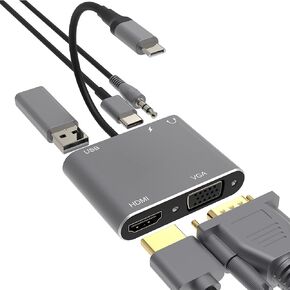 AISONK USB C to HDMI VGA Adapter, 5-in-1 Hub USB 3.0 OTG Charging Power PD Port Compatible MacBook Pro,Surface go, Galaxy S8/S9 and More Grey
