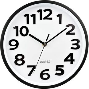 Plumeet 10'' Wall Clock, Battery Operated Small Wall Clocks Silent Non-Ticking Quartz, Modern Style Suitable for Bedroom Living Room Office Decor - 3D Numbers Display Easy to Read, Black