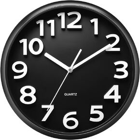 Plumeet 10'' Wall Clock, Battery Operated Small Wall Clocks Silent Non-Ticking Quartz, Modern Style Suitable for Bedroom Living Room Office Decor - 3D Numbers Display Easy to Read, Black