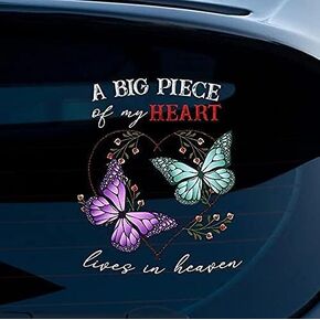Car Sticker Memorial Butterfly Sticker Decoration, A Big Piece of My Heart Lives in Heaven Stickers Decal, Removable PVC Plastic Auto Window Decals for Cars Trucks Laptops Walls Decor (A)