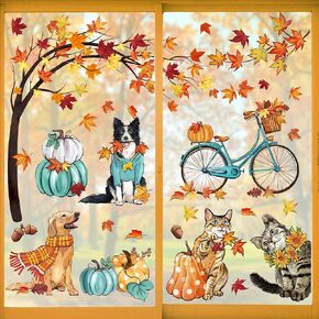 Mfault 59PCS Fall Window Clings 9 Sheets, Autumn Dogs Cats Maple Leaves Pumpkin Stickers Decals Decorations, Puppy Kitty Kitten Bicycle Thanksgiving Living Room Home Kitchen Decor