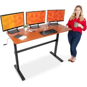 Stand Steady Tranzendesk | 55 Inch Standing Desk with Detachable Wheels | Crank Height Adjustable Sit to Stand Workstation | Modern Ergonomic Desk Supports 3 Monitors  (Cherry)