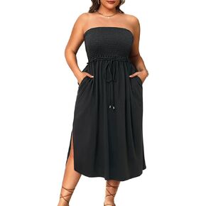 Pinup Fashion Plus Size Swimsuit Cover Ups Women Strapless Midi Sundress with Pockets