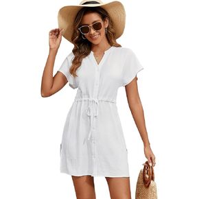 Bluetime Women Swimsuit Cover Ups Button Down Bathing Suit Coverups Bikini Beachwear Flowy V Neck Summer Dress