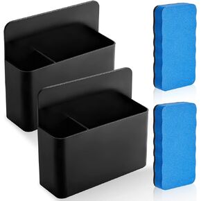 Tenare 2 Packs Magnetic Dry Erase Marker Holder Magnetic Pen Holder with 2 Dry Erases Whiteboard Marker Holder for Fridge Locker Accessories, School, Office, Home, Magnetic Cup(Black, Blue)