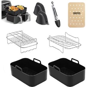 TuTuYa Air Fryer Accessories, Set of 8 for Ninja Dual DZ201/401 & Most 8Qt-10Qt, Include 2 Dual Air Fryer Racks &2 Silicone Air Fryer Liners & 2 Silicone Gloves & 1 Food Clip &100PCS Paper Lining