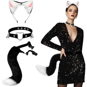 ERHAIYUN Cat Ears Headband Wolf Fox Tail Neck Chocker Set Handmade Animal Cosplay Costume Faux Fur Party Accessories