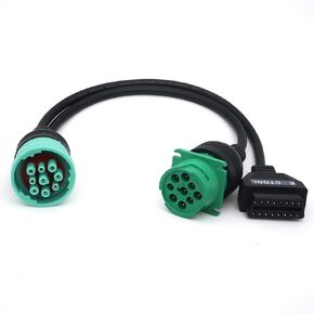Exctool J1939 Splitter 9 Pin Green Type 2 Male Plug to Female and 16 Pin OBD2 Y Cable Adapter Converter for Commercial Truck Fleet ELD GPS Tracker