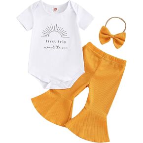 My 1st Birthday Baby Girl Outfit First Trip around the Sun Short Sleeve Romper Top Ribbed Bell Bottom Pants Set