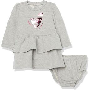 GUESS Baby Girls Foil and Embossed Logo Eco French Terry Ruffled Hem Dress with Diaper Cover