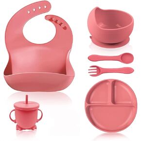 Silicone Baby Feeding Set with Suction Plates, Bowl, Silicone Bibs, Forks and Spoons for Babies (Baby Pink), Medium, A1112