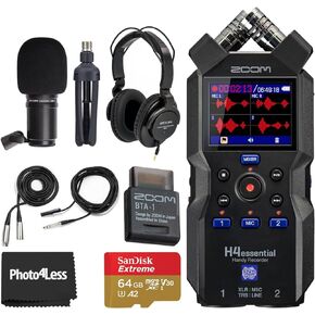 Zoom H4essential Handy Recorder Bundle with Zoom ZDM-1 Podcast Mic Pack with Headphones, Windscreen, XLR Cable and Tabletop Stand, Zoom BTA-1 Bluetooth Adapter, 64GB microSDXC Memory Card, and More