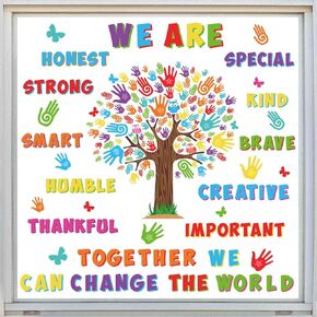 AnyDesign 6 Sheet Inspirational Quotes Window Clings Colorful Handprint Tree Reusable Window Decals Positive Sayings for Back to School Classroom Home Supplies