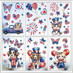 95Pcs Patriotic Window Clings Independence Day Window Stickers 9 Sheets Truck Fireworks Star Cat Dog American Flag Stickers Memorial Day Decor 4th of July Window Decals for Home School Glass Supplies