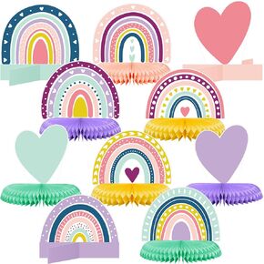 10 Pieces Rainbow Party Decorations Rainbow Decor Rainbow Centerpieces for Tables Rainbow Honeycomb Paper Centerpiece Heart Honeycomb Party Rainbow Table Decorations for Birthday (Cute Color)