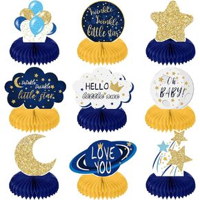 9 Pieces Twinkle Twinkle Little Star Honeycomb Centerpieces Baby Shower Decor Star Party Table Toppers Cloud Glitter Little Star Table Decorations Baby Shower Birthday Party Supplies (Blue and Gold)