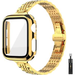 Thin Women Band Compatible with Apple Watch 38mm 40mm 41mmm 42mm 44mm 45mm with Face Cover, Stainless Steel for Metal iwatch Band Series 9 8 7 6 5 4 3 2 1 SE.