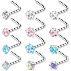 Yolev 12pcs Nose Rings Hypoallergenic Stainless Steel L-Shaped Nose Stud Screws with Cubic Zirconia Nose Piercing Jewellery for Women Men L Shape Czech Crystal Small Nose Piercing Set in Saudi Arabia