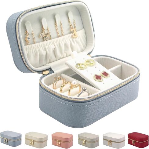 Small Jewelry Travel Case for Women Rectangle PU Leather Zip Travel Jewelry Case 2.56" High Portable Travel Jewelry Box For Earring Rings Necklaces Bracelets Mini Beige Jewelry Gifts Box in Saudi Arabia