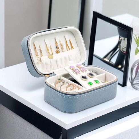 Small Jewelry Travel Case for Women Rectangle PU Leather Zip Travel Jewelry Case 2.56" High Portable Travel Jewelry Box For Earring Rings Necklaces Bracelets Mini Beige Jewelry Gifts Box in Saudi Arabia