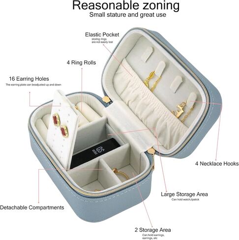 Small Jewelry Travel Case for Women Rectangle PU Leather Zip Travel Jewelry Case 2.56" High Portable Travel Jewelry Box For Earring Rings Necklaces Bracelets Mini Beige Jewelry Gifts Box in Saudi Arabia