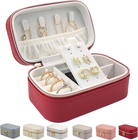 Small Jewelry Travel Case for Women Rectangle PU Leather Zip Travel Jewelry Case 2.56" High Portable Travel Jewelry Box For Earring Rings Necklaces Bracelets Mini Beige Jewelry Gifts Box in Saudi Arabia