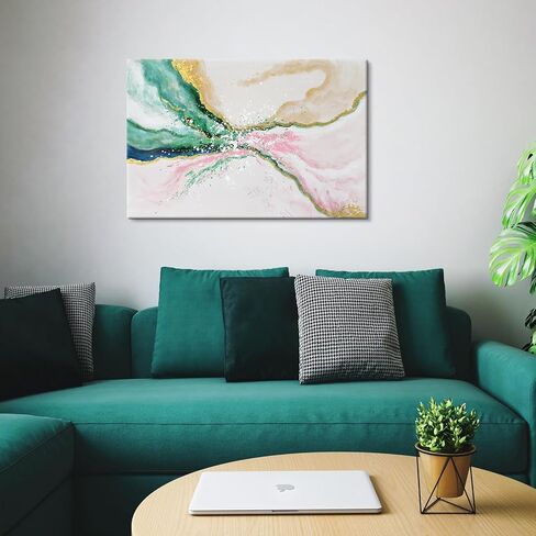 7Fisionart Green Pink Wall Decor Emerald Green Painting Abstract Beach Wall Art Ocean Picture Modern Gold Foil Artwork for Living Room Office Bedroom 36"x24" in Saudi Arabia