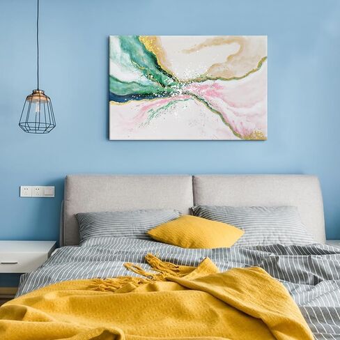 7Fisionart Green Pink Wall Decor Emerald Green Painting Abstract Beach Wall Art Ocean Picture Modern Gold Foil Artwork for Living Room Office Bedroom 36"x24" in Saudi Arabia