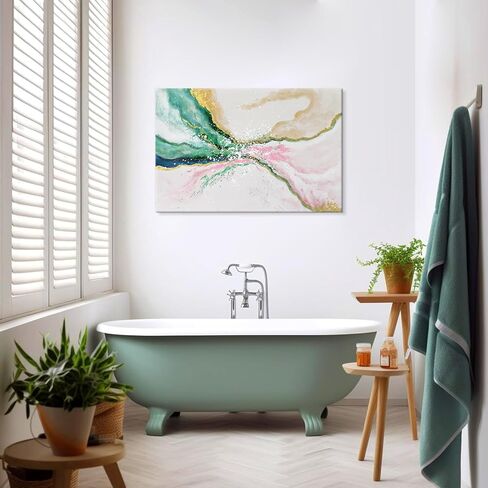 7Fisionart Green Pink Wall Decor Emerald Green Painting Abstract Beach Wall Art Ocean Picture Modern Gold Foil Artwork for Living Room Office Bedroom 36"x24" in Saudi Arabia
