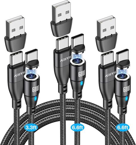 كابل شحن مغناطيسي Aripps USB C إلى USB C [3 عبوات، 3.3 قدم/6.6 قدم/6.6 قدم]، سلك شاحن USB من النوع C للشحن السريع 60 وات/3 أمبير متوافق مع Samsung Galaxy S21/S21+ Ultra 5G، S20/S20، بكسل، يُحوّل in Kuwait