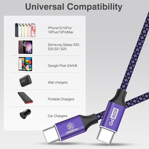 كابل شاحن KREMORV USB C، كابل شحن USB C إلى USB C 5 حزم 6 أقدام نايلون مضفر 60 واط نوع C كابل شحن سريع لآيفون 15 15Pro 15Plus 15Pro Max Samsung Galaxy S20 21 22 23 in Kuwait