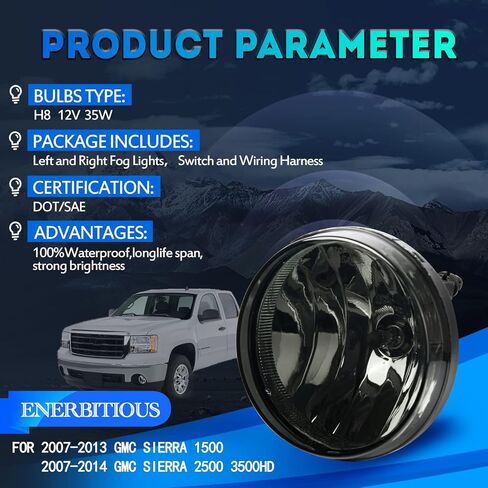 استبدال مصابيح الضباب النشطة لعام 2007 2008 2009 2010 2011 2012 2013 GMC Sierra 1500,07-14 GMC Sierra 2500 3500HD ضوء الضباب متوافق مع H8 12V 35W لمبات التبديل ومجموعة الأسلاك - عدسة الدخان in Kuwait