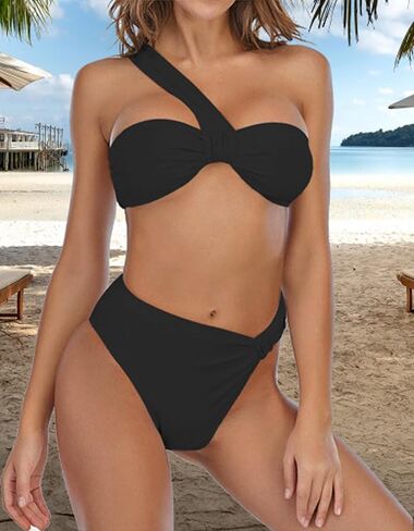 طقم بيكيني نسائي بكتف واحد من Leoparts بدلة سباحة عالية الخصر مكشكشة مكونة من قطعتين in Kuwait