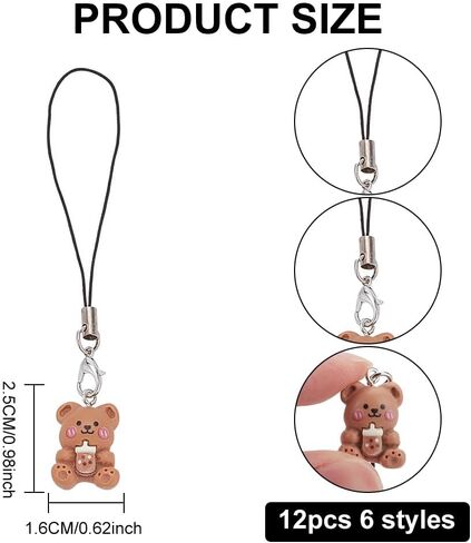 12pcs سحر الهاتف الدب لطيف، 6 أنماط الدب الهاتف المحمول الأشرطة الزخرفية الهاتف المحمول سحر الحيوان الحبل سحر لسلسلة المفاتيح حالة الهاتف مفتاح السيارة حقيبة الظهر محفظة الديكور in Kuwait