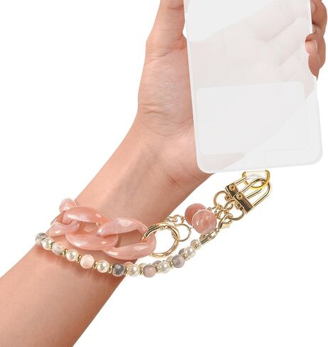 Phone Wrist Strap Marble Beaded Leather Double Chain Phone Charm Hands Free Wristlet Bracelet Phone Chain in Saudi Arabia