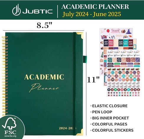 مخطط أكاديمي 2024-2025، يوليو 2024- يونيو 2025، 8.5 بوصة × 11 بوصة، مخطط يومي أسبوعي وشهري مع علامات تبويب شهرية، مخطط مدرسي للطلاب/المعلم، حلزوني، كبير - أخضر داكن in Kuwait