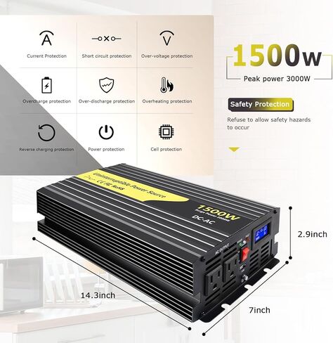 بطارية احتياطية لمضخة الحوض بقدرة 1500 واط، نظام الطاقة الاحتياطية لمضخة الحوض مع شاشة LED، عاكس موجة جيبية نقية مع مفاتيح تلقائية لتشغيل مضخة الحوض المستمر للاستخدام في حالات الطوارئ وانقطاع الطاقة (أسود) in Kuwait