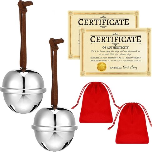 Poen 2 Sets Polar Sleigh Bell Gift 2 Inch Christmas Believe Bells and Certificate of Authenticity Red Velvet Gift Bags Santa Sleigh Bells Reindeer Ornaments for Xmas Party Gifts Keepsake(Gold) in Saudi Arabia