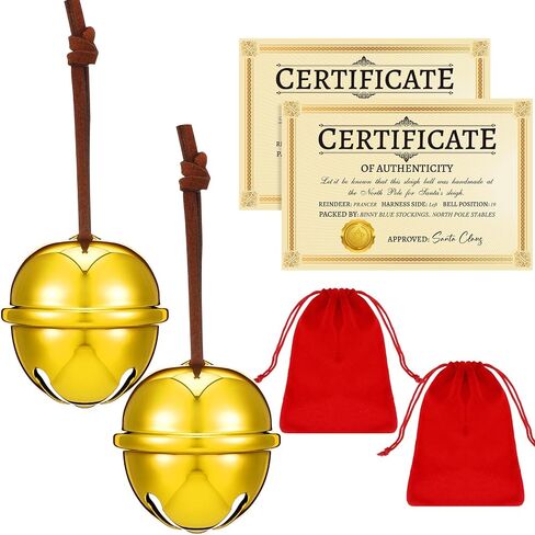 Poen 2 Sets Polar Sleigh Bell Gift 2 Inch Christmas Believe Bells and Certificate of Authenticity Red Velvet Gift Bags Santa Sleigh Bells Reindeer Ornaments for Xmas Party Gifts Keepsake(Gold) in Saudi Arabia
