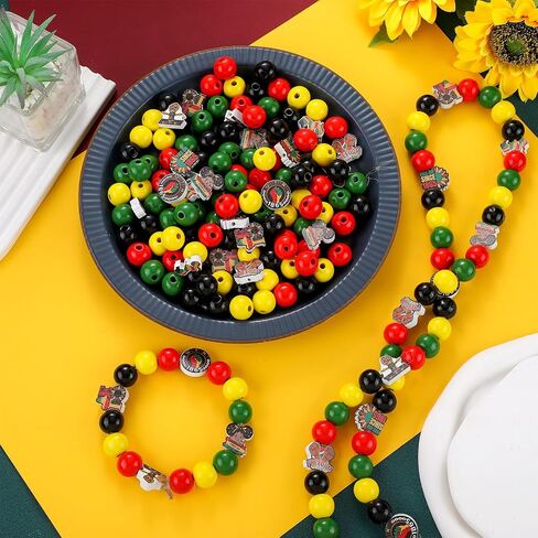 Fabbay 200 قطعة من الخرز الخشبي لشهر التاريخ الأسود Juneteenth، خرز خشبي أسود وأحمر وأخضر وأصفر، 1865 يوم الحرية، خرز خشبي مع خرز أمريكي من القنب لصنع المجوهرات، ديكور المنزل والحفلات اليدوية in Kuwait