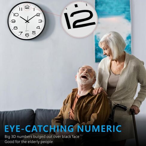 Plumeet 10'' Wall Clock, Battery Operated Small Wall Clocks Silent Non-Ticking Quartz, Modern Style Suitable for Bedroom Living Room Office Decor - 3D Numbers Display Easy to Read, Black in Saudi Arabia