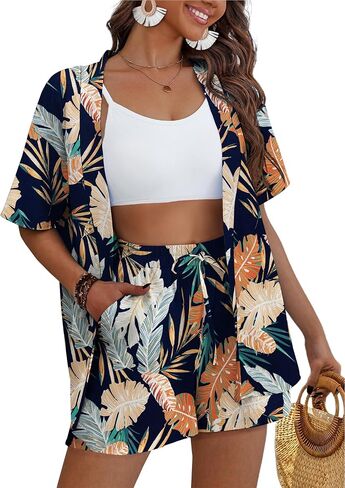 REDHOTYPE Women's 2 Piece Outfits Kimono Style Tropical Print Cover Ups Half Sleeve Blouse Shorts Set Summer Beachwear （S-XL） in Saudi Arabia
