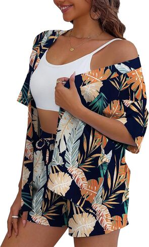 REDHOTYPE Women's 2 Piece Outfits Kimono Style Tropical Print Cover Ups Half Sleeve Blouse Shorts Set Summer Beachwear （S-XL） in Saudi Arabia