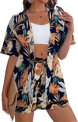 REDHOTYPE Women's 2 Piece Outfits Kimono Style Tropical Print Cover Ups Half Sleeve Blouse Shorts Set Summer Beachwear （S-XL） in Saudi Arabia