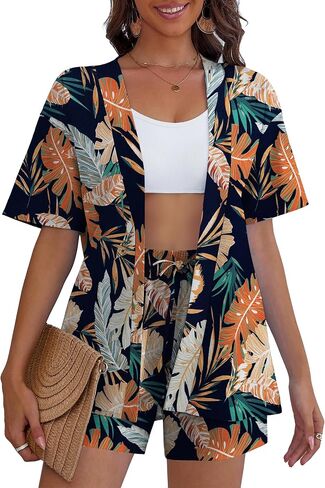 REDHOTYPE Women's 2 Piece Outfits Kimono Style Tropical Print Cover Ups Half Sleeve Blouse Shorts Set Summer Beachwear （S-XL） in Saudi Arabia