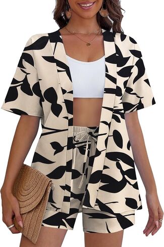 REDHOTYPE Women's 2 Piece Outfits Kimono Style Tropical Print Cover Ups Half Sleeve Blouse Shorts Set Summer Beachwear （S-XL） in Saudi Arabia