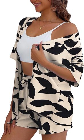 REDHOTYPE Women's 2 Piece Outfits Kimono Style Tropical Print Cover Ups Half Sleeve Blouse Shorts Set Summer Beachwear （S-XL） in Saudi Arabia