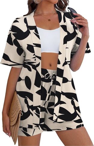 REDHOTYPE Women's 2 Piece Outfits Kimono Style Tropical Print Cover Ups Half Sleeve Blouse Shorts Set Summer Beachwear （S-XL） in Saudi Arabia