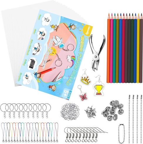 Hewolly 200 Pieces Shrinky Plastic Sheets Kit, Includes 20 Blank Sheets, 1 Hole Punch, 165 Keychain Accessories, and 12 Colored Pencils for Creative Art and Craft in Saudi Arabia
